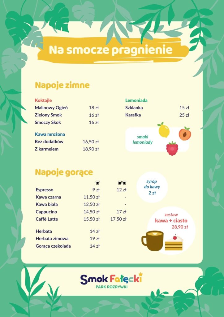 menu w bistro w sali zabaw w Krakowie