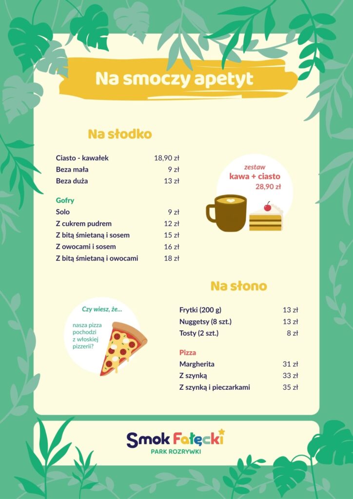 menu bistro w sali zabaw w Krakowie